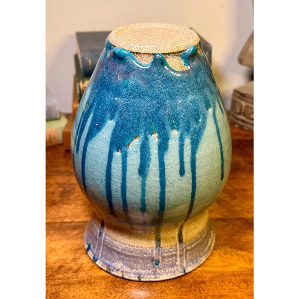 Vintage Signed Blue Drip Glaze Stoneware Vase – Arts & Crafts Ceramic Decor